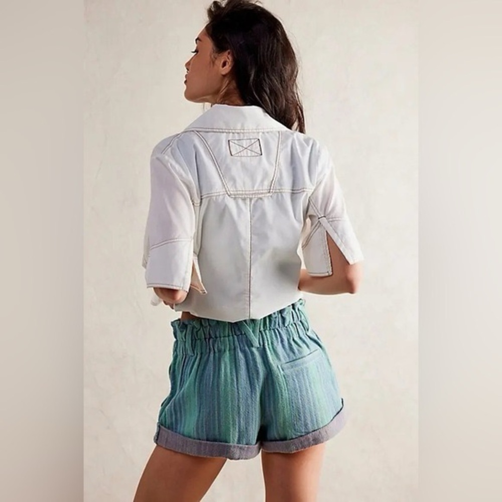 Free People Solar Flare Baja Stripe Cuff Shorts In Ocean Blue Sz L - Picture 2 of 11